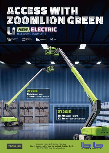 Xe nâng người Zoomlion Boom lifts chạy điện Zoomlion ZT22JE và ZT26JE là 2 model hoàn toàn mới được Zoomlion cập nhật Thiết bị sử dụng Ắc Quy Lithium không phải bảo trì